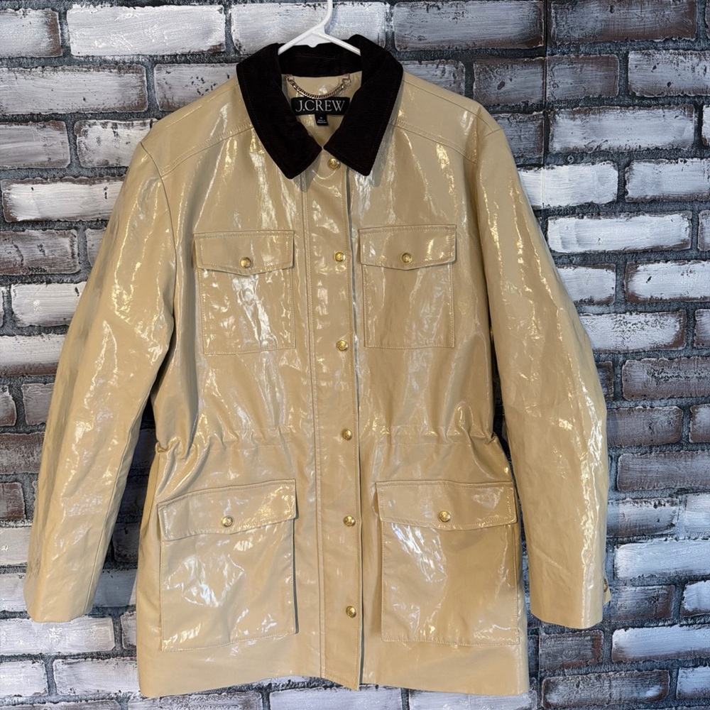 J. Crew Collection Barn Jacket in Laminated Linen Coastal Khaki Women Size M EUC
